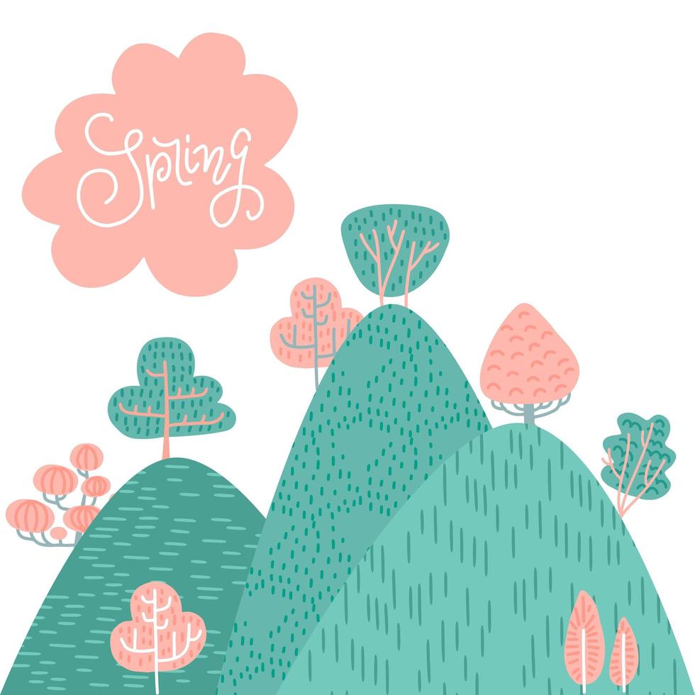 Spring or summer landscape background. Forest on mountains, hills, green and pink trees, cloud withh lettering on the sky. Hand drawn vector doodle illustration of nature.