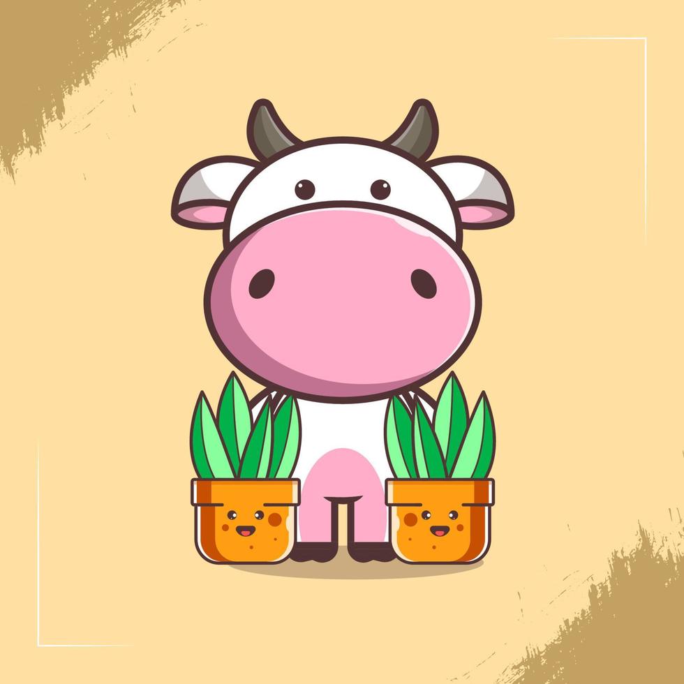 Cute cow character illustration with cactus flower vector
