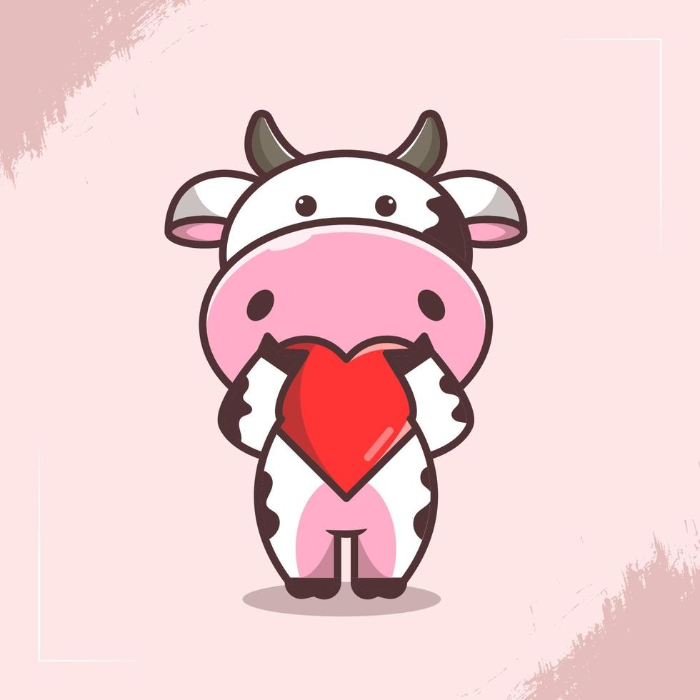 linda ilustración de personaje de vaca con símbolo de corazón vector