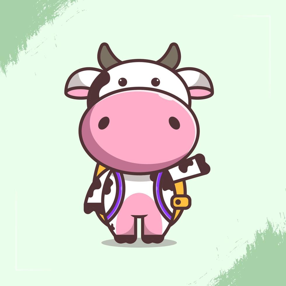 Cute cow character illustration carrying a bag vector