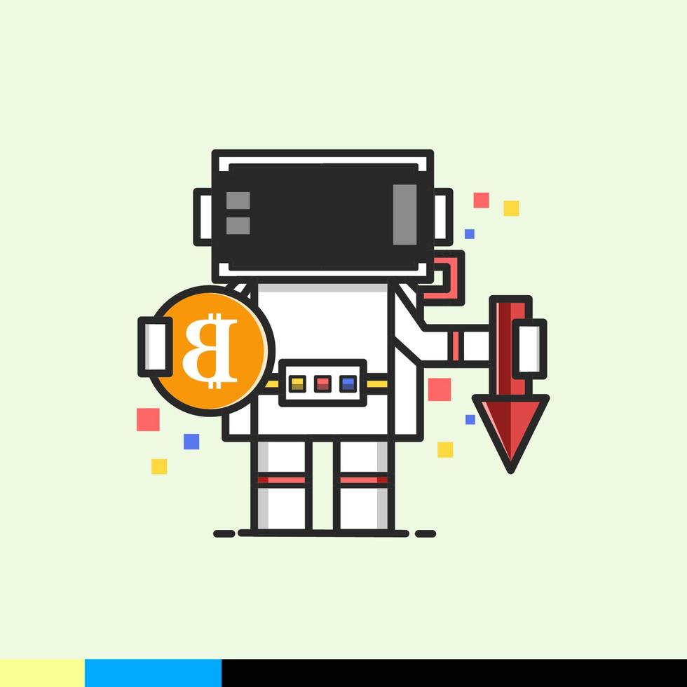 caja de astronauta con bitcoins y flechas bajando vector