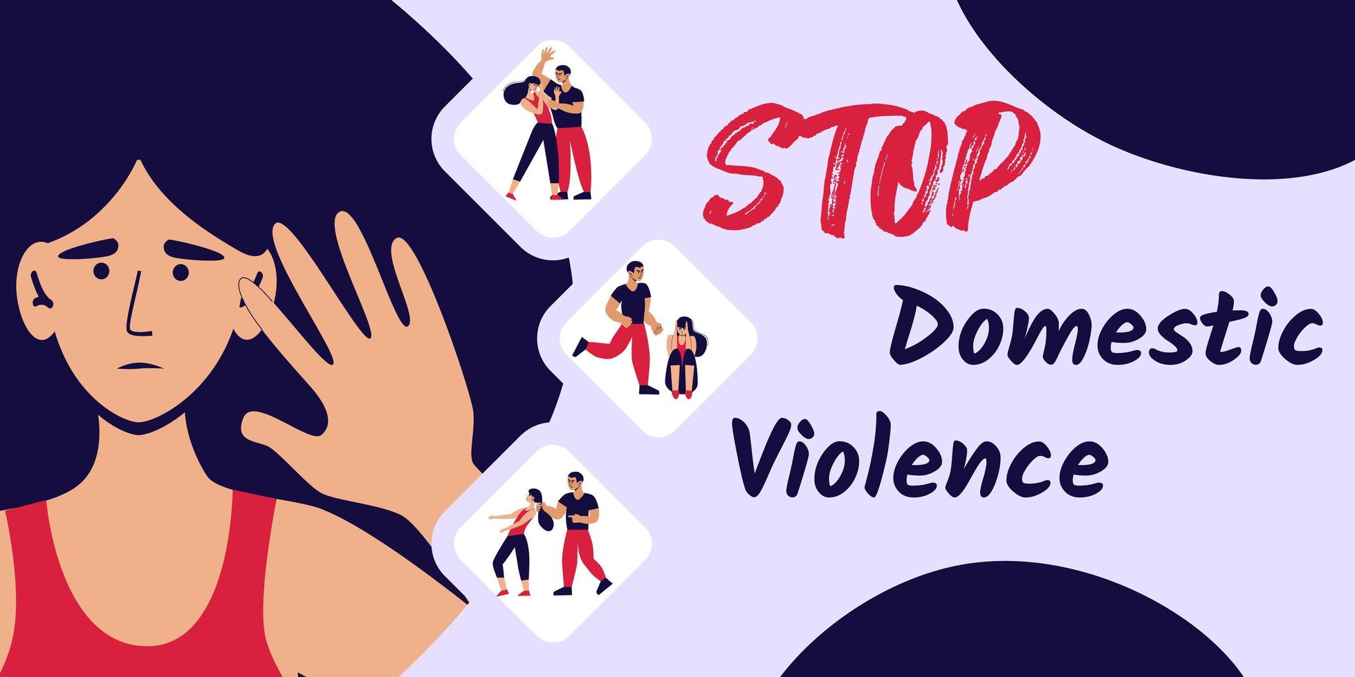Stop domestic violence banner. Social issues, abuse and agression on women, harassment and bullying. Violence against woman. Flat illustration, isolated on a white background. vector