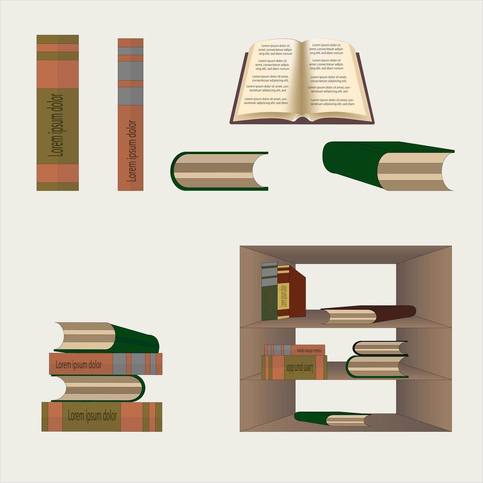 conjunto vectorial aislado de iconos de libros y estante de libros vector