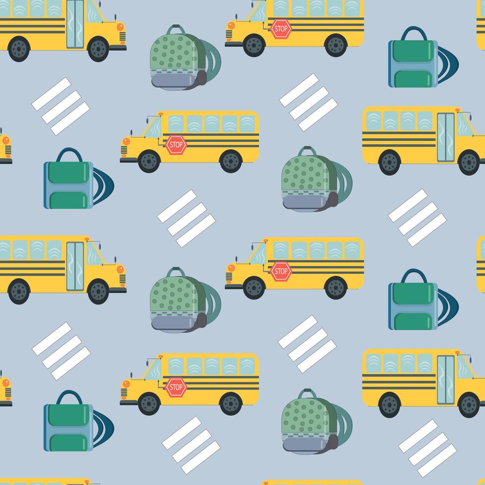 seamless pattern with school bus, school bags and pedestrian crossing vector