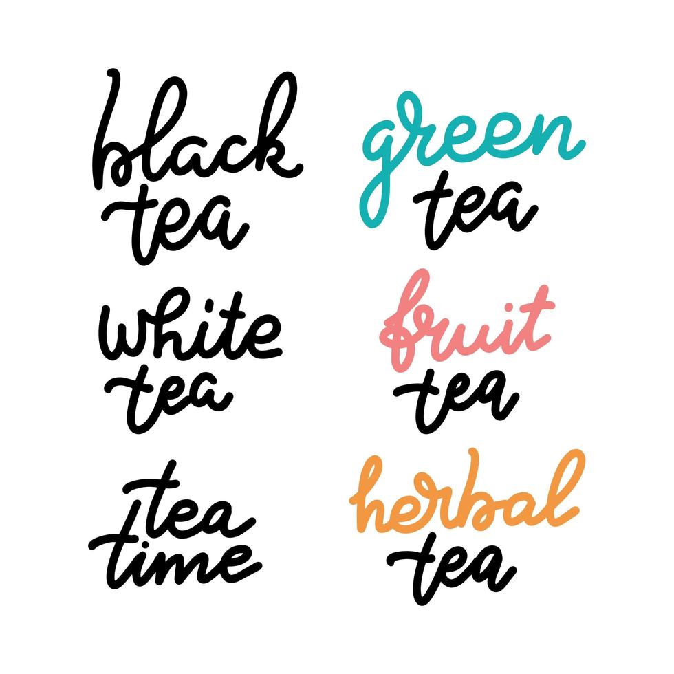 juego de té para impresiones y carteles, diseño de menú, invitación y tarjetas. texto con diferentes tipos de té. colección caligráfica y tipográfica. ilustración vectorial con letras dibujadas a mano. vector