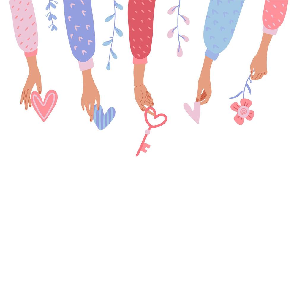manos sosteniendo un corazón, una llave, una flor dan y comparten el concepto de amor a las personas. fondo del día de san valentín con espacio libre para texto. ilustración vectorial plana. vector