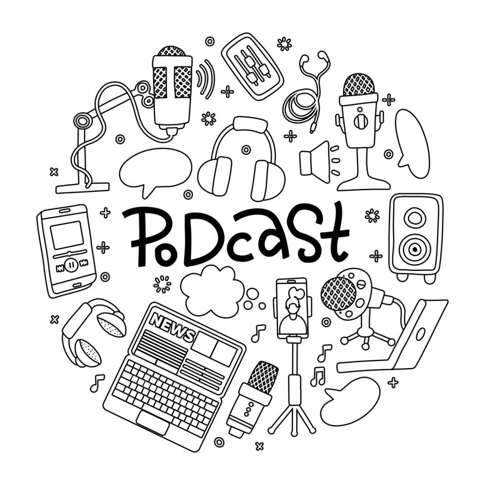 Podcast doodle round badge with electronic symbols, handwritten lettering. Online education concept and decoration. Podcasts symbols isolated on white background. Broadcast linear vector illustration.