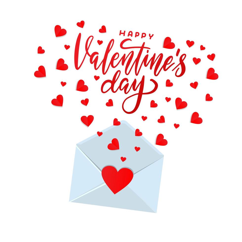 plantilla de tarjeta de san valentín - sobre abierto con corazones cortados volando. ilustración de vector plano con letras de mano