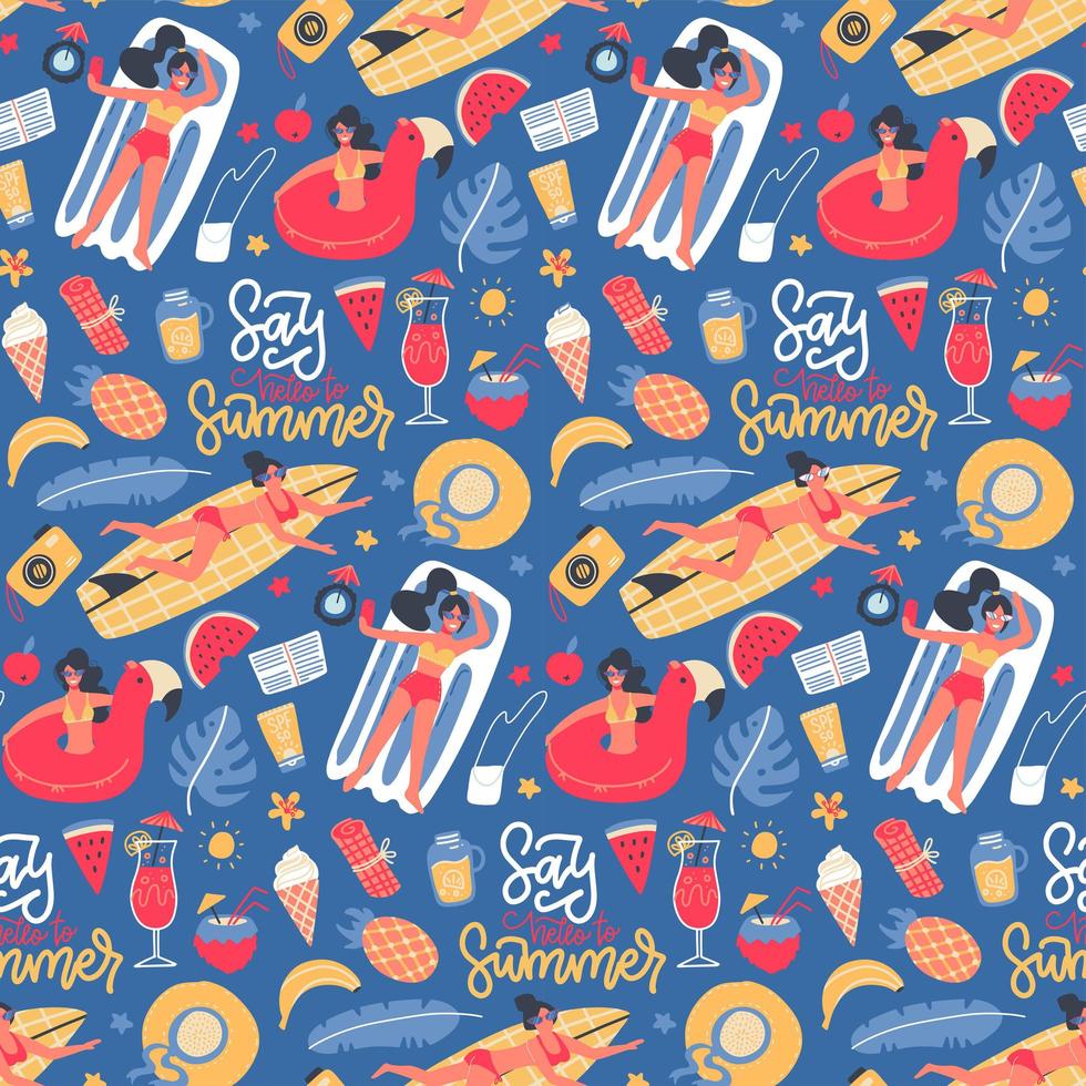 Cute summer time bright cartoon seamless pattern with sea vacation icons isolated on blue background. background with tanned girls. Flat vector illustration.