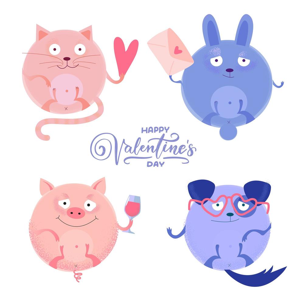 Set of Cute round cat, pig, rabbit and dog with little heart, letter, wine glass, glasses for Valentine s day .Isolated on white. Flat textured cartoon style. Draw vector illustration collection