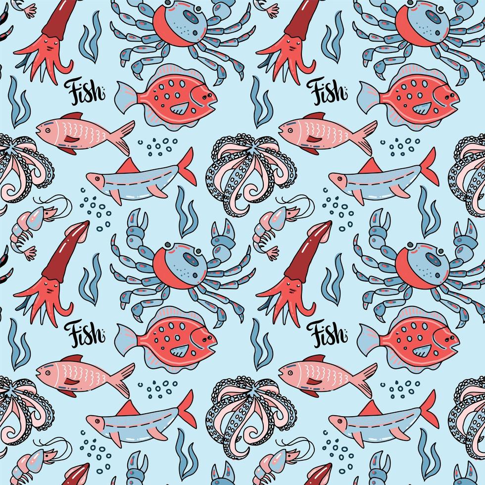 sea food seamless patern with hand drawn doodle illusration in scandinavian style. Print isolated in vlue background. Many marine inhabitants - fishes, octopus, crab, squid vector