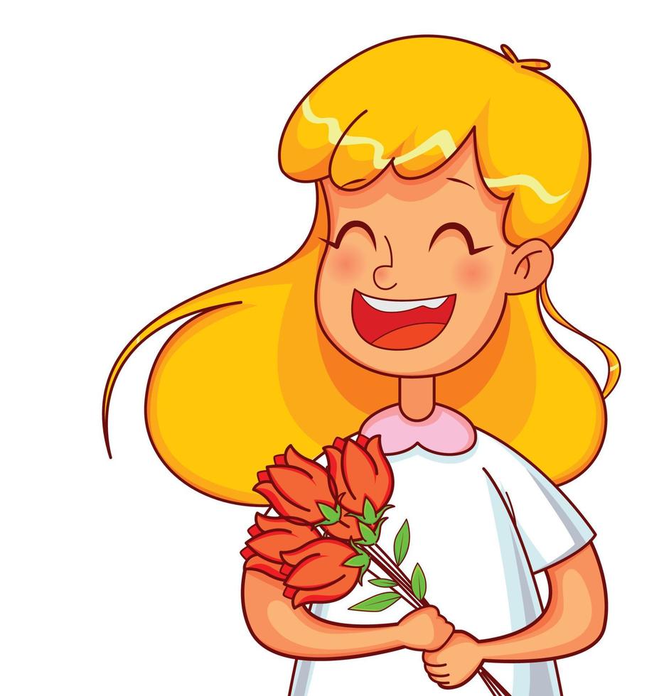 personajes de dibujos animados de niña con un ramo de tulipanes vector