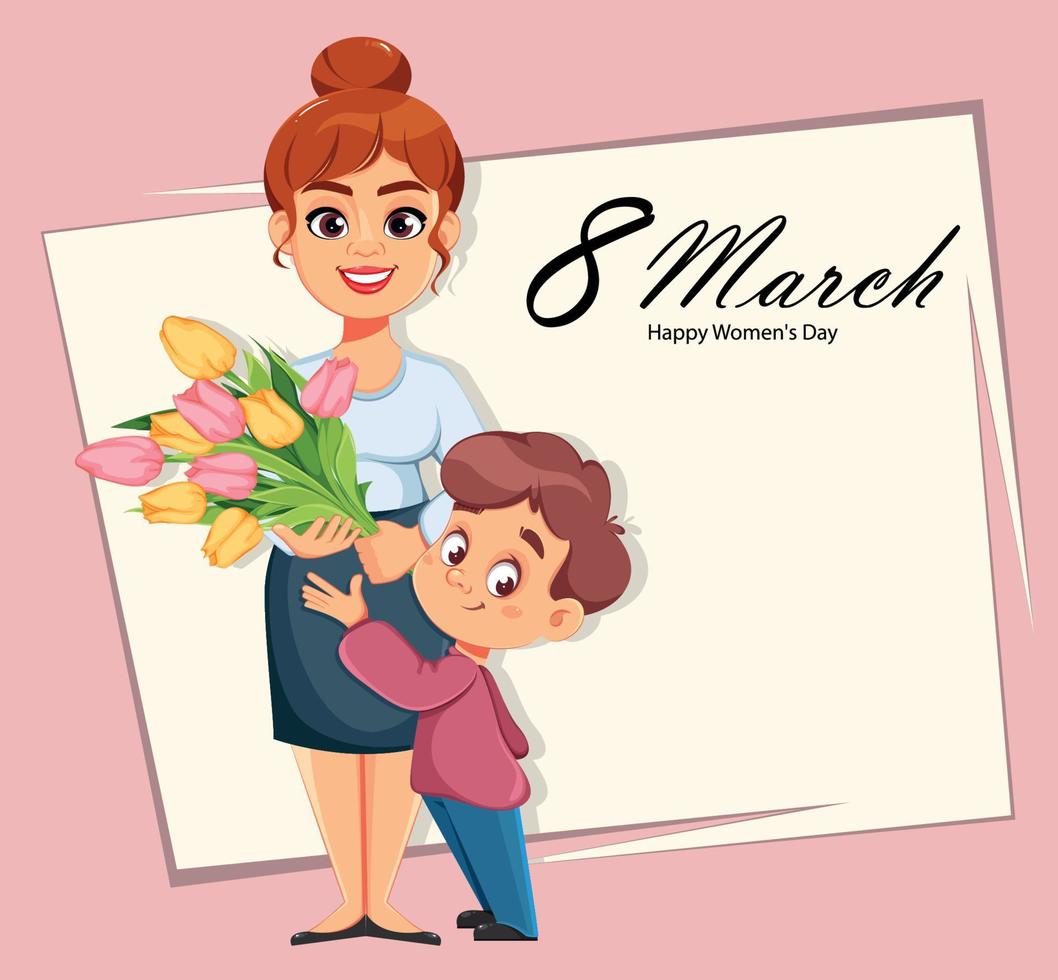 feliz día de la mujer. niño dando flores a su mamá vector