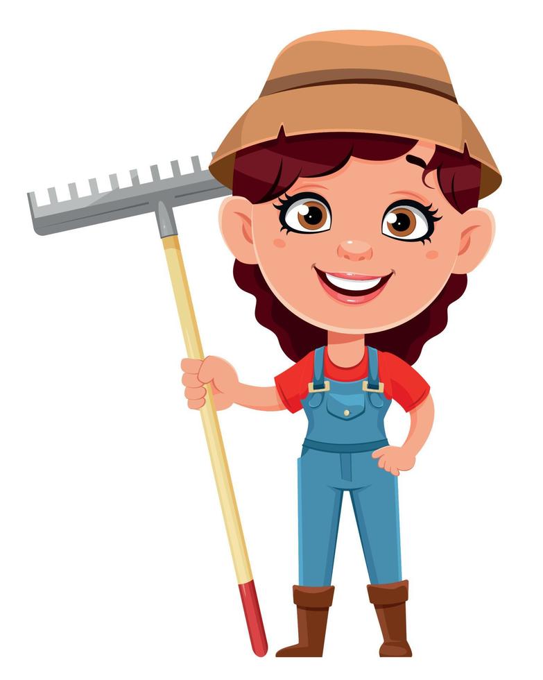Farmer woman cartoon character holding rake vector