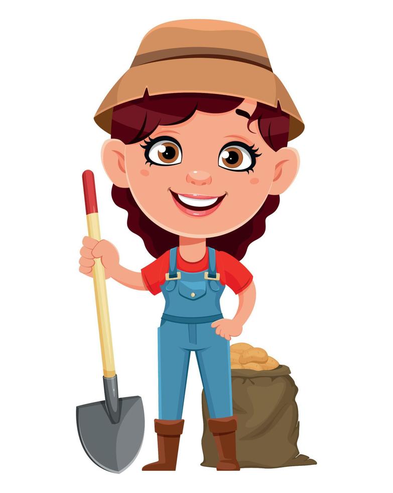 Farmer woman cartoon character holding shovel vector