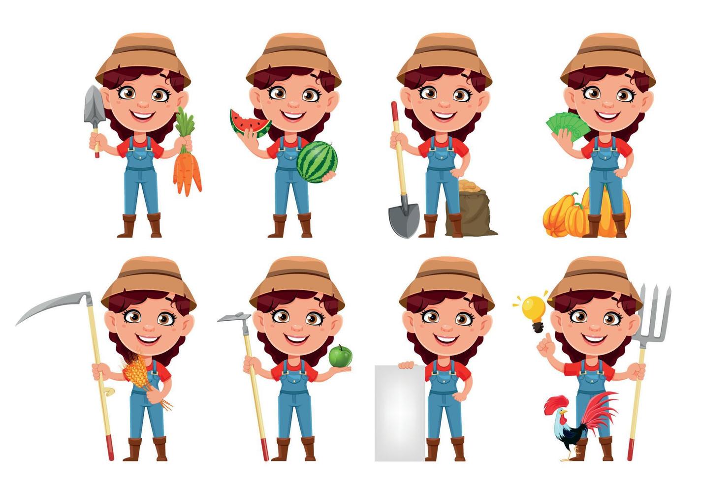 Farmer woman cartoon character, set of eight poses vector