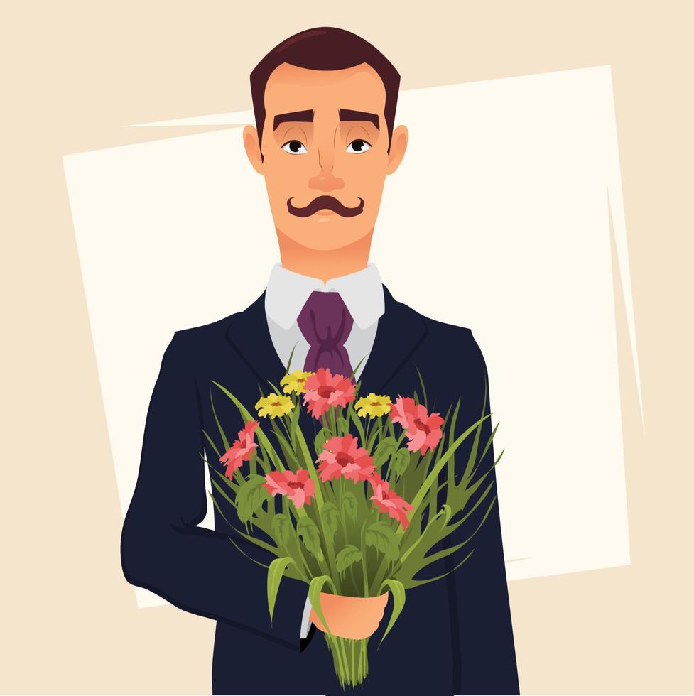 Handsome gentleman in suit with mustache holding bouquet of wildflowers, going on a date with his beloved. vector