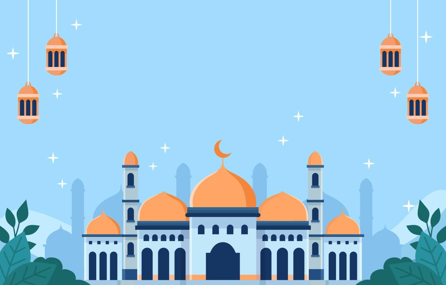 mes de ramadán con fondo de mezquita y linterna vector