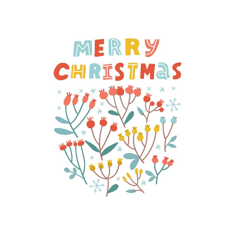 Christmas greeting card template with branch, berry, snowflake on white background. Circle ornament in scandinavian style with childish lettering text. Perfect for Xmas postcards. Vector illustration
