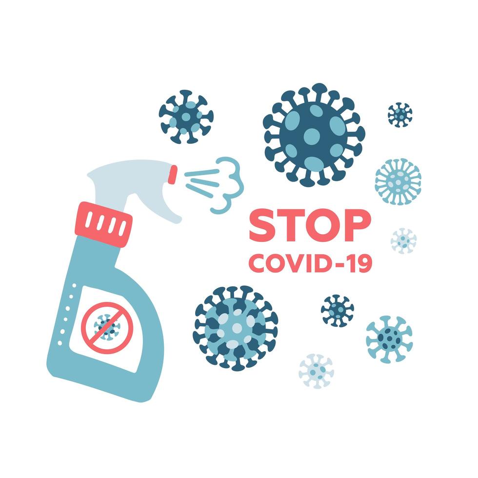 MERS-Cov, COVID-19, Novel coronavirus, 2019-nCoV, virus being killed by spray, disinfectant solution. Stop Covid-19 text concept. Flat vector illustration.