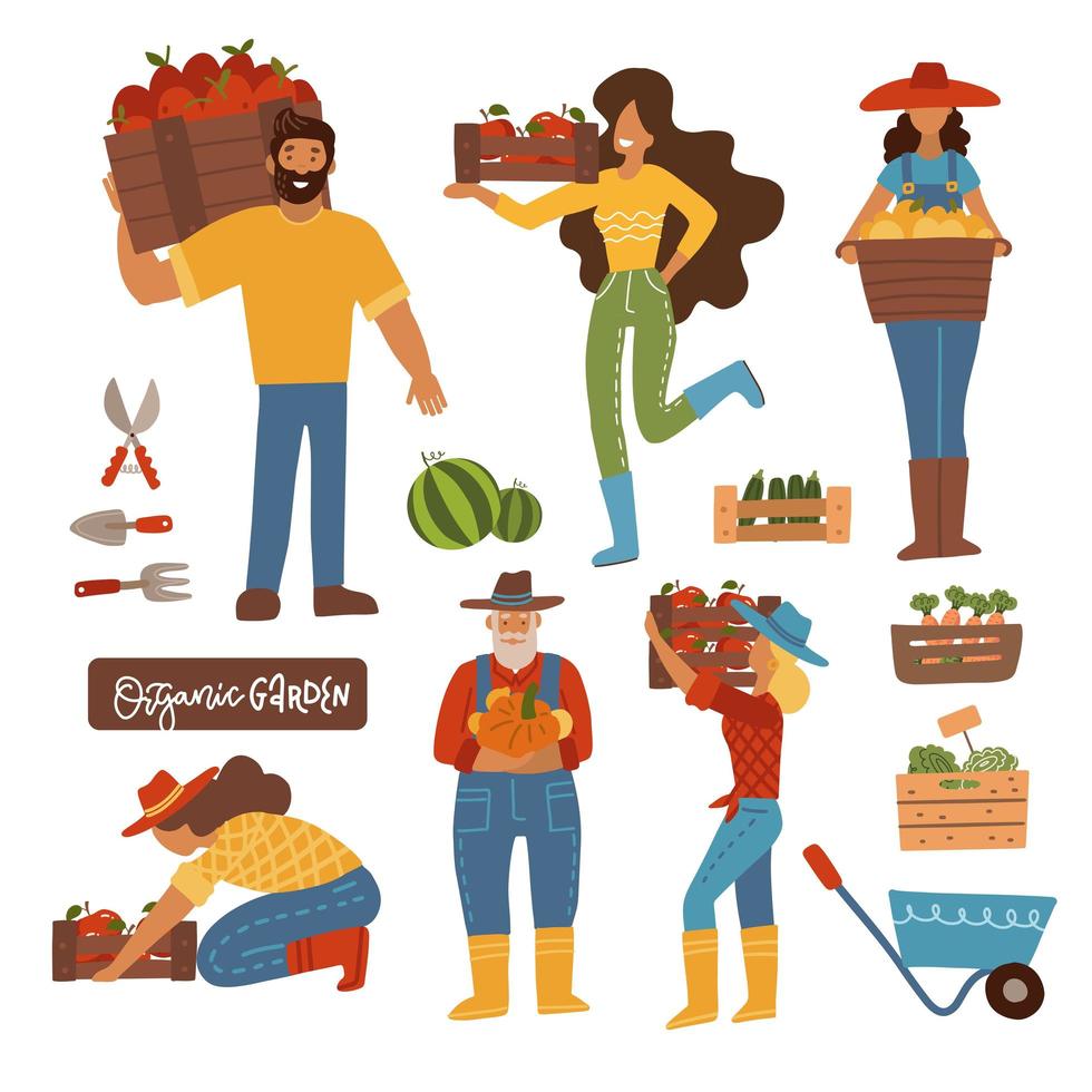 Harvesting farming people set. Men and women carrying wooden box with  harvested production. FMale and female farmers holding basket with apples.  tomato. Flat vector cartoon illustration. 6030286 Vector Art at Vecteezy