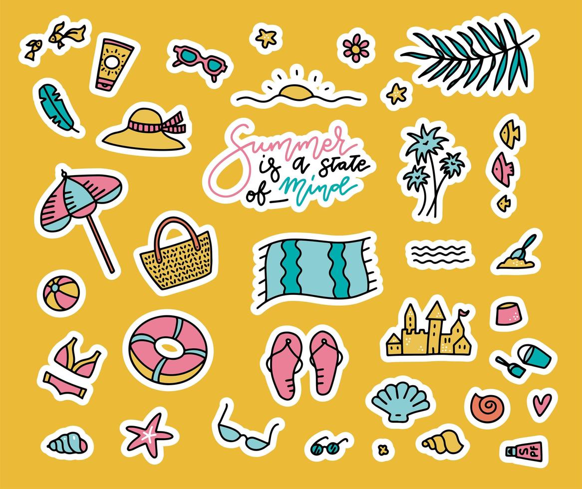 Set of fashion patches, cute colorful badges in doodle style, fun cartoon icons design vector in summer holidays concept. Beach items stickers collection.