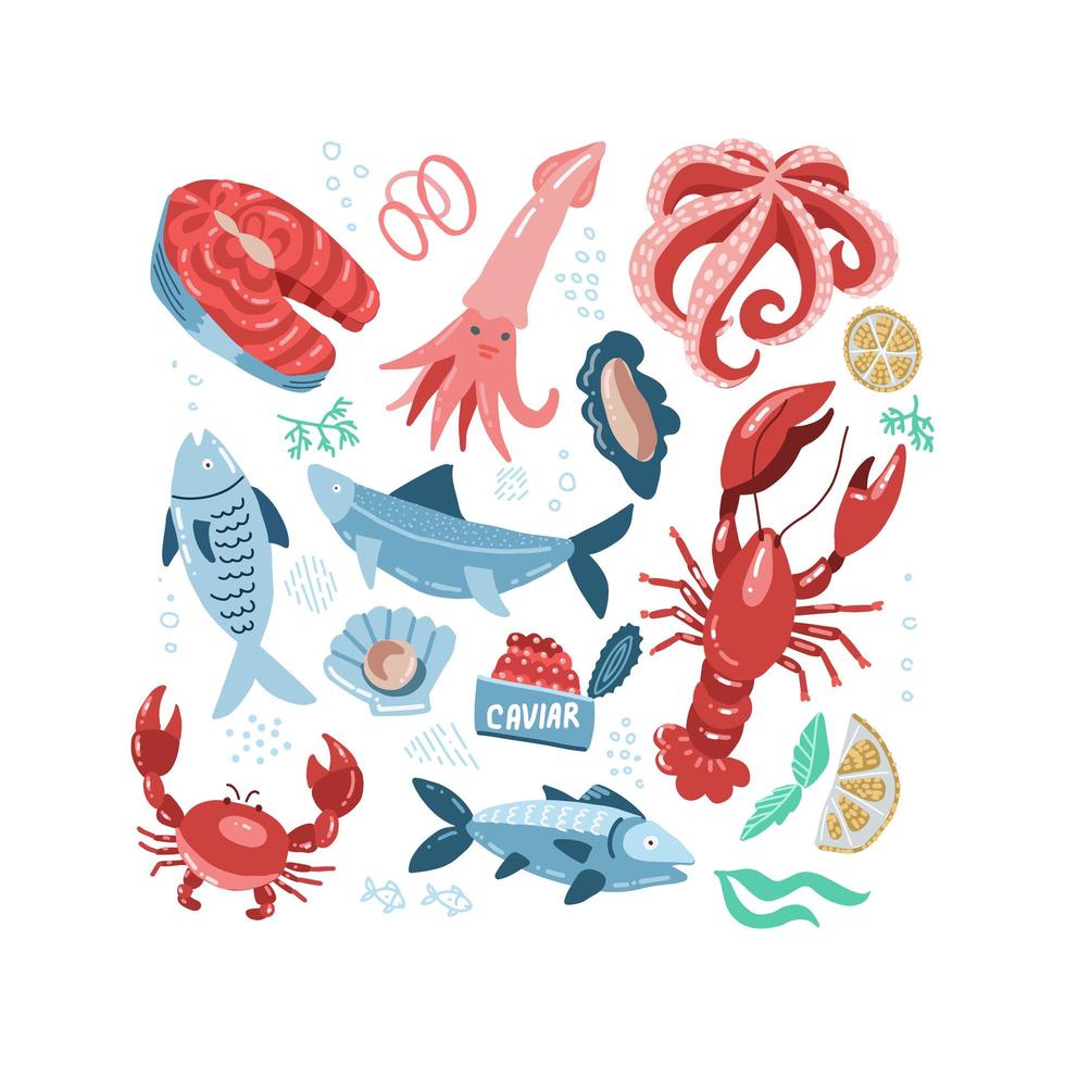 garabatos dibujados a mano con pescado, cangrejo, langosta, caviar, filete de salmón y ostras. ilustración vectorial colección de habitantes marinos vectoriales en estilo infantil áspero vector