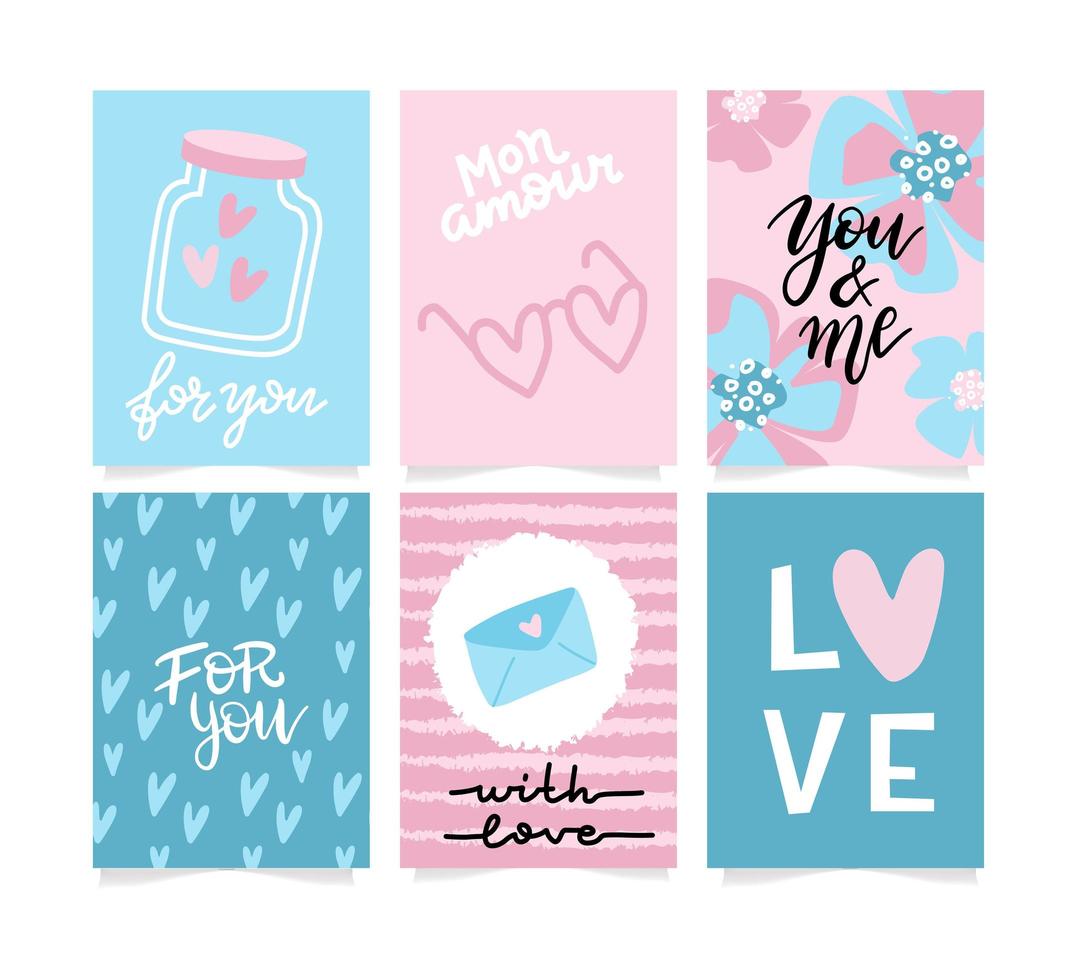 Set of Valentine s day artistic hand drawn greeting card or background in trendy style. Cute templates with lettering and doodle design. Flat hipster graphic of poster, label, banner. Vector