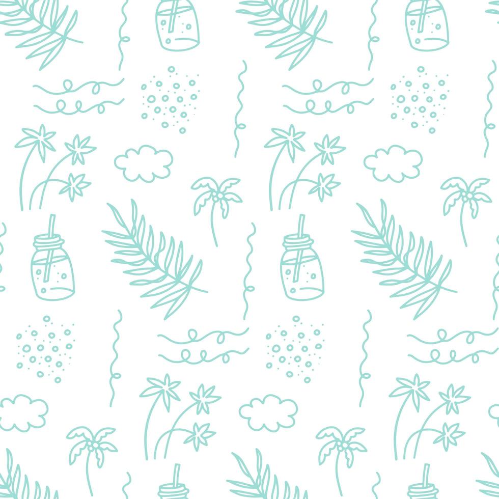 Seamless pattern with sea vacation elements. Cocktail , island with palm trees, waves and clouds. Abstract packaging, design and printing. Vector linear illustration.