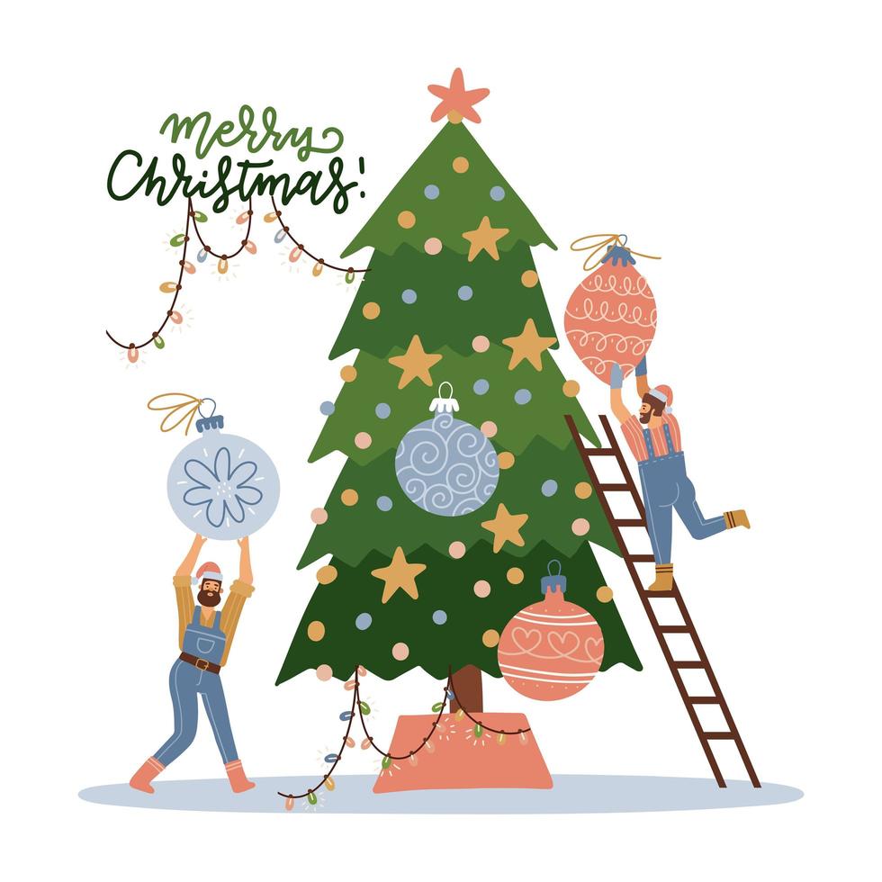 pequeños personajes masculinos barbudos decorando el árbol de navidad con guirnaldas y bolas. decoración de año nuevo. gente pequeña de fantasía en el mundo gigante estilo de dibujos animados planos dibujados a mano ilustración vectorial vector