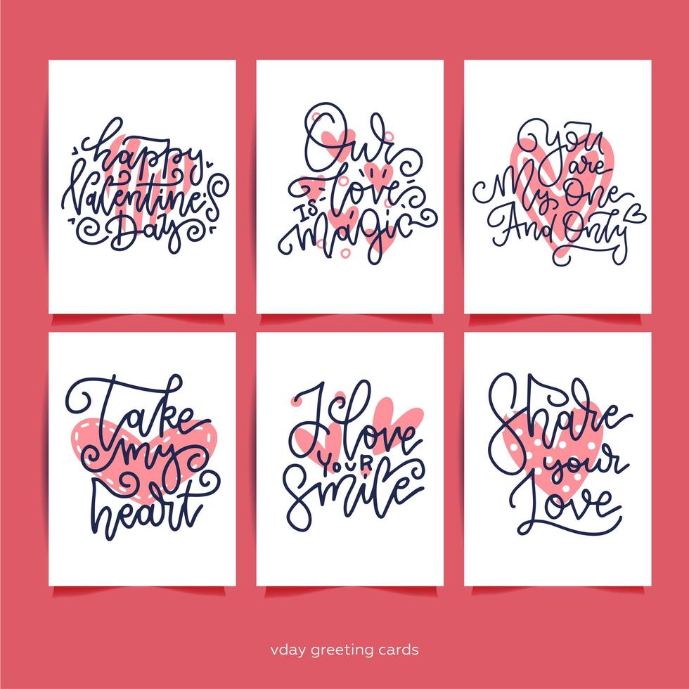 Happy Valentine s day greeting texts collection. Set of Valentines romantic greeting card, invitation, poster design templates. Hand drawn vector illustration.