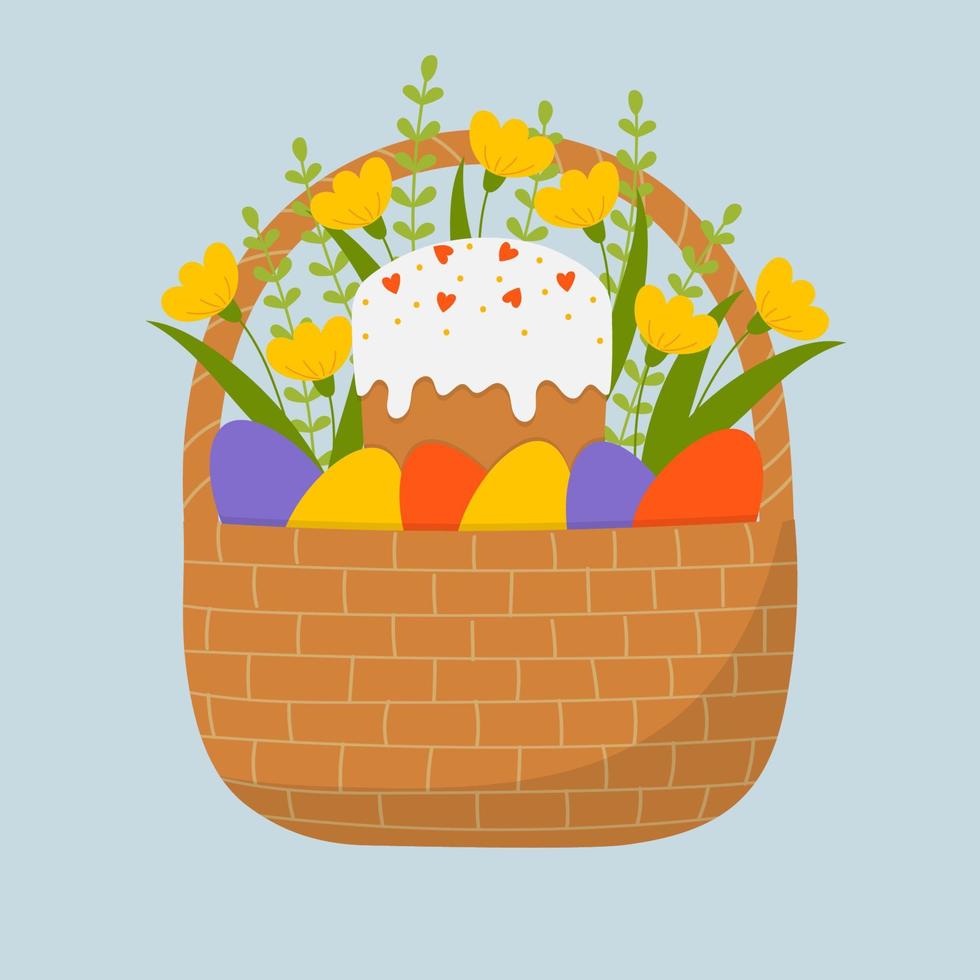 Wicker basket with decorated easter eggs, flowers and easter cake. Template for greeting card, invitation, poster, banner vector