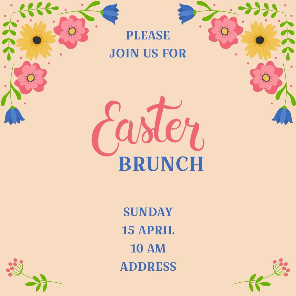 Easter brunch invitation template with colorful flowers. Template for poster, greeting card, invitation or postcard. vector