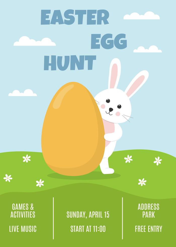 Easter egg hunt banner with cute easter bunny. Rabbit looks out of easter egg. vector