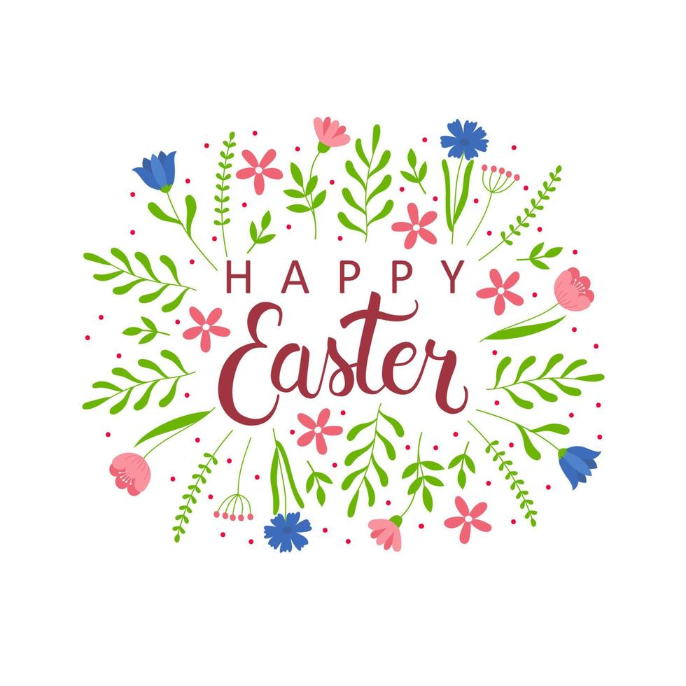Hand drawn happy Easter lettering text with flowers. Template for greeting card, invitation, poster, banner and sticker vector