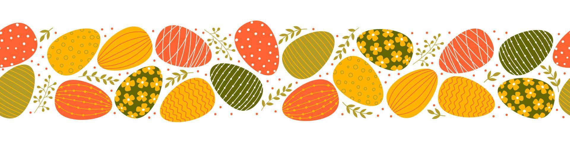 Seamless border with easter decorated eggs and leaves. Flat style. vector