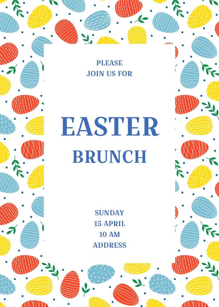 plantilla de invitación de brunch de Pascua con colorido patrón de huevos de Pascua decorados. plantilla para póster, tarjeta de felicitación, invitación o postal. vector