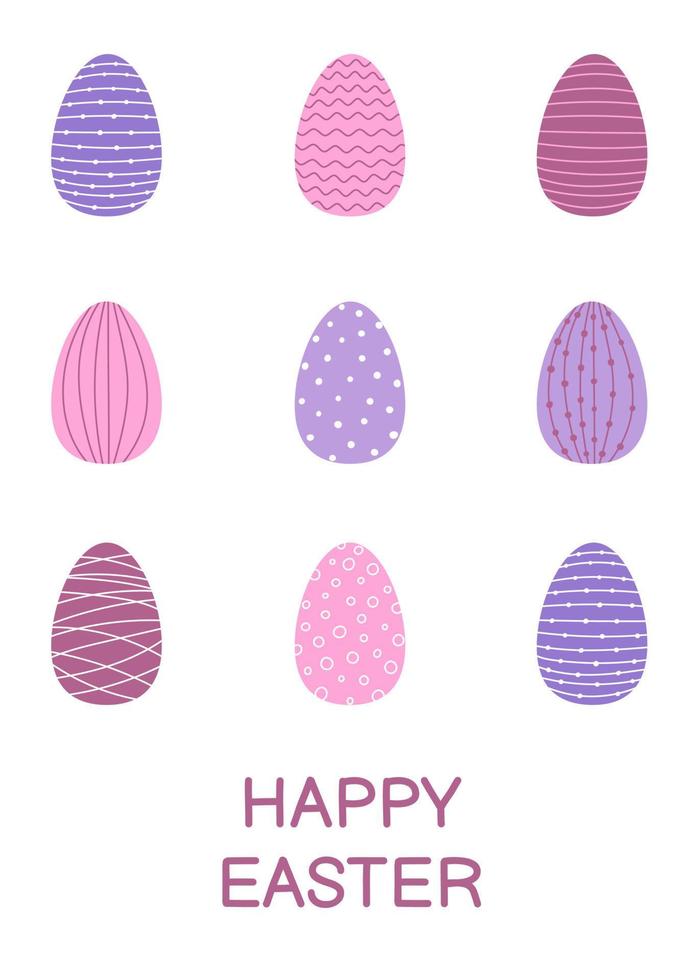 Happy Easter greeting card template. Decorated Easter eggs in pink, purple and blue vector