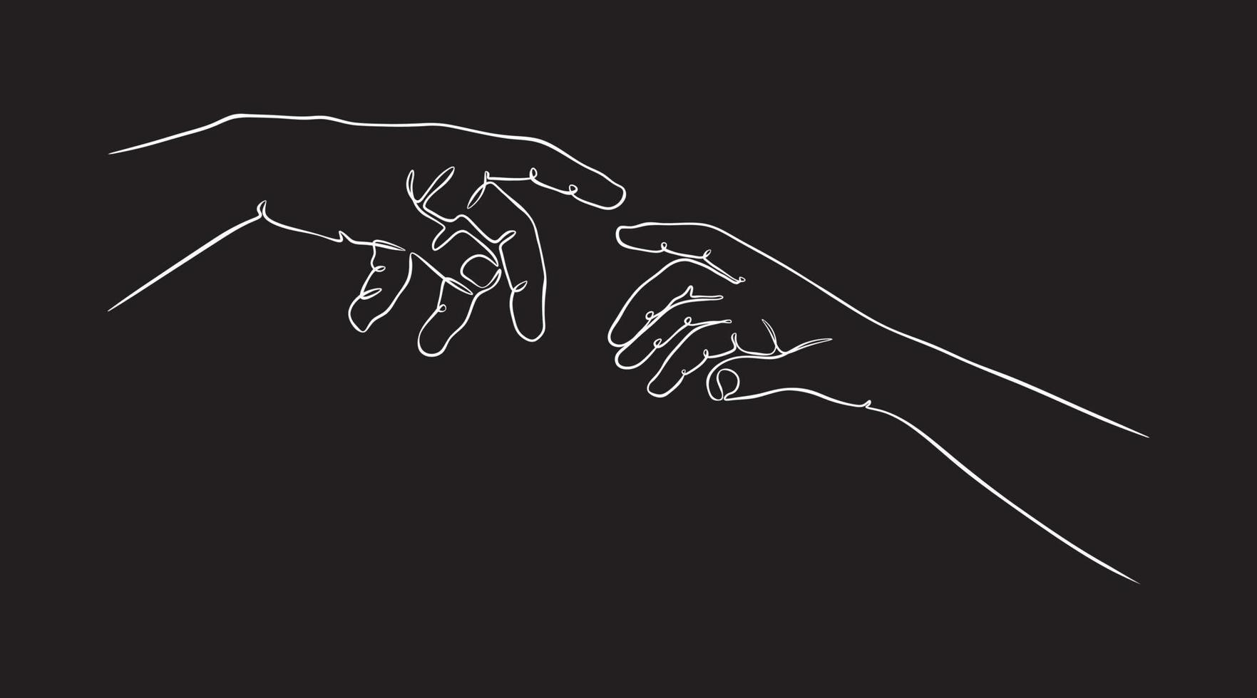 Two hands reaching out one contiguous line in a black background vector illustration