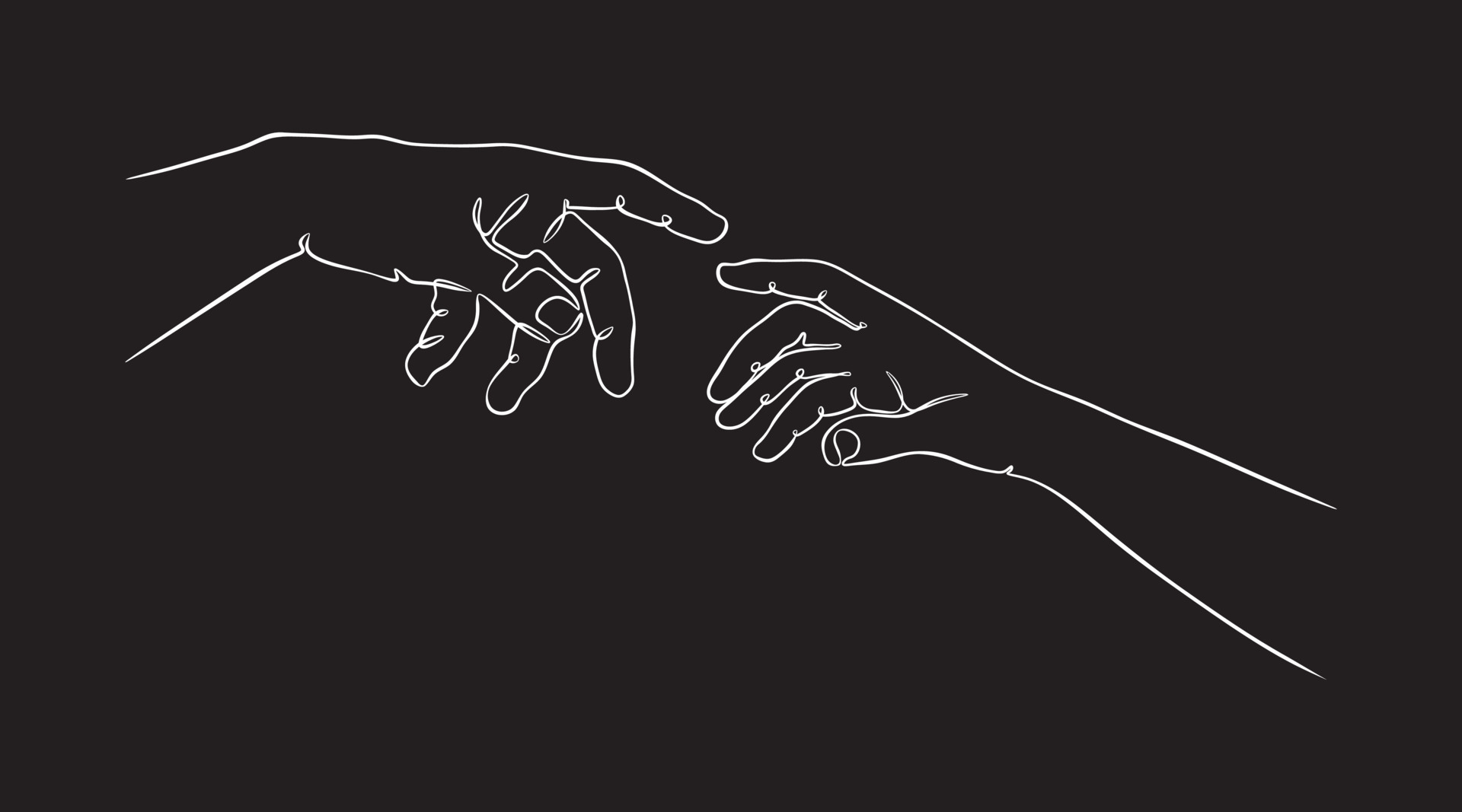 Two hands reaching out one contiguous line in a black background vector ...