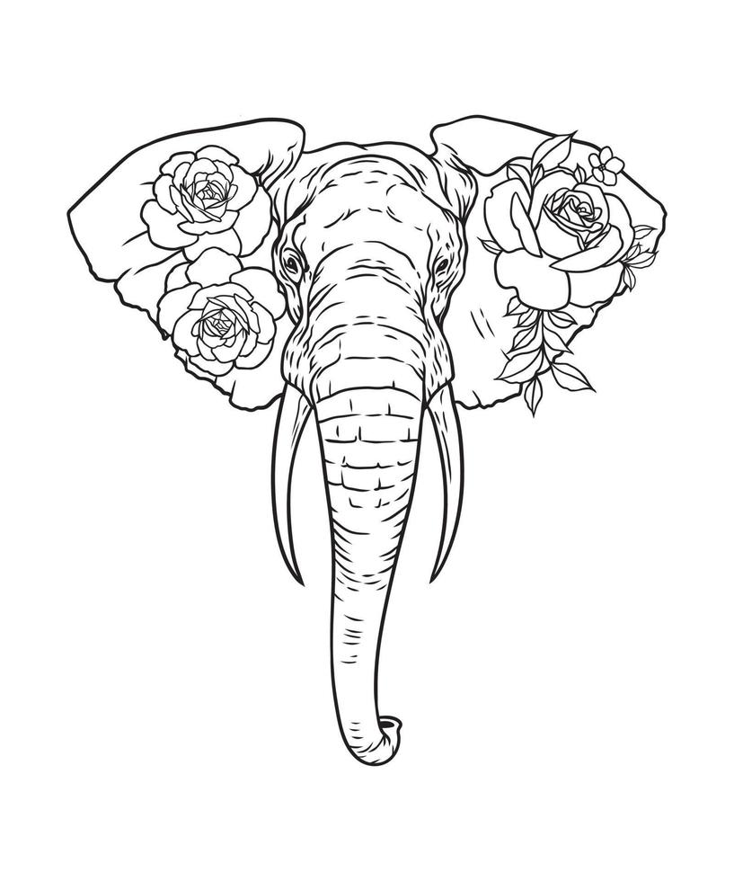 black and white vector illustration of a floral elephant head on white background