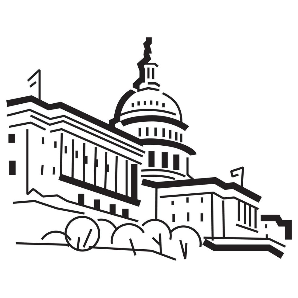 Simple capitol building in a black and white vector line art drawing