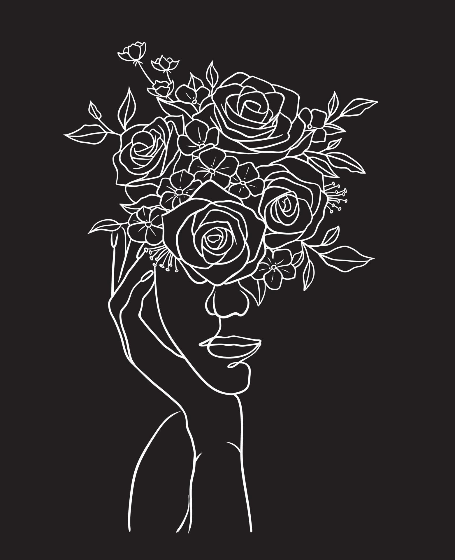 Beautiful woman face with flowers black and white illustration on black ...