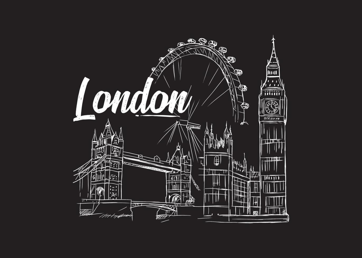 London cityscape in vector line art illustration on black background