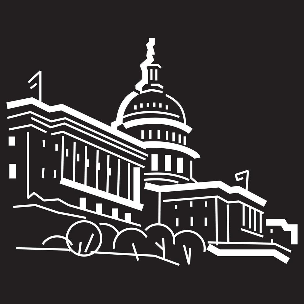 Simple capitol building in a black and white vector line art drawing on black background