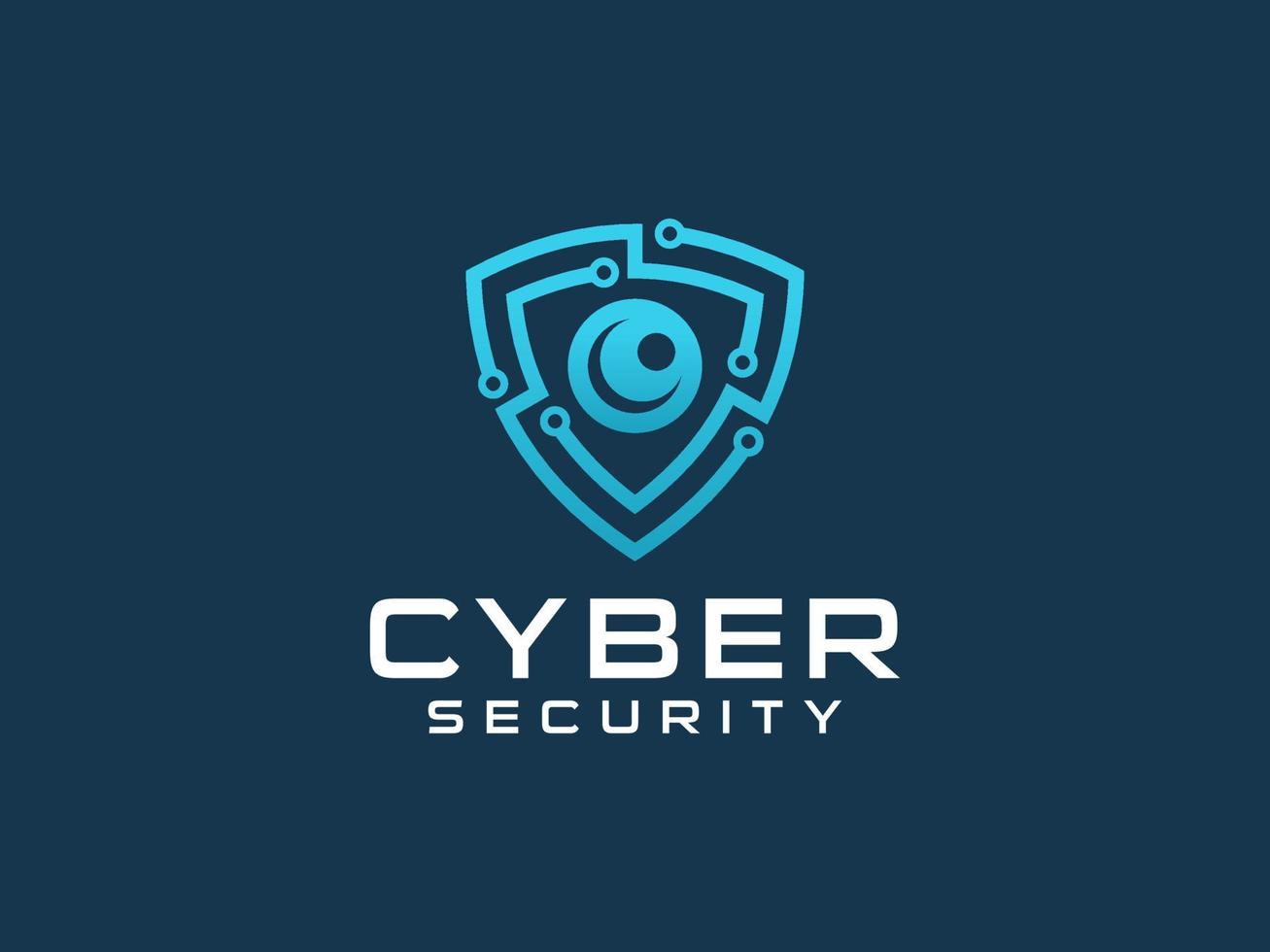 Abstract Cyber Security Logo Line. Blue Light Shield Icon Linear Style with Eye Lens Camera Combination isolated on Blue Background. Flat Vector Logo Design Template Element.