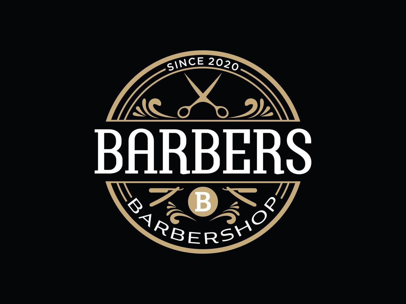 logotipo vintage moderno e ícono de bigote del diseño vectorial de la peluquería. equipo de corte de pelo y afeitado de barba o herramientas de peluquería diseño clásico ideal para barbería vector