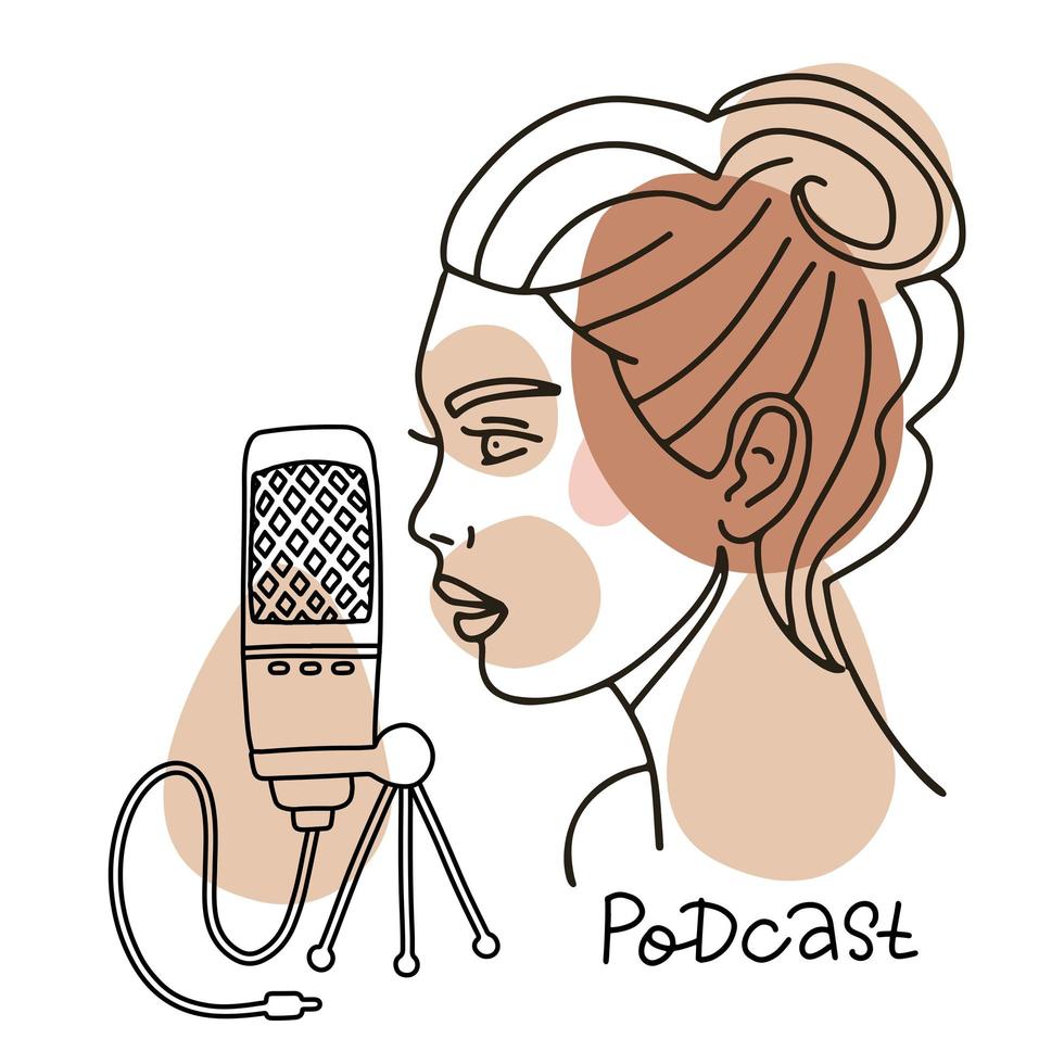 chica hablando en micrófono, concepto de podcast. rostro femenino de perfil hablando en el micrófono. ilustración de moda lineal vectorial sobre fondo blanco. vector