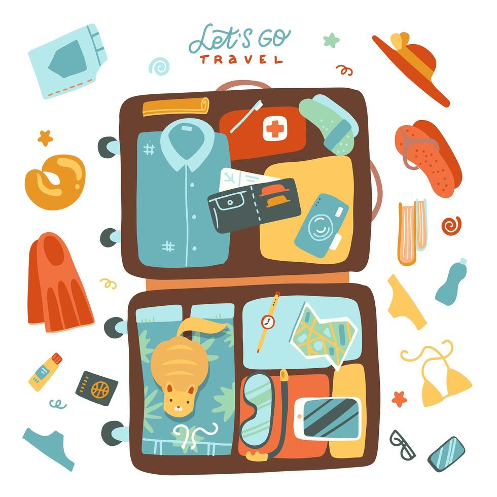 empacar cosas de playa para viajar al mar o al océano. maleta grande abierta con ropa, traje de baño, chanclas, sombrero, gafas, cámara y pasaporte. pancarta de vista superior. ilustración plana de vector de vacaciones de verano.