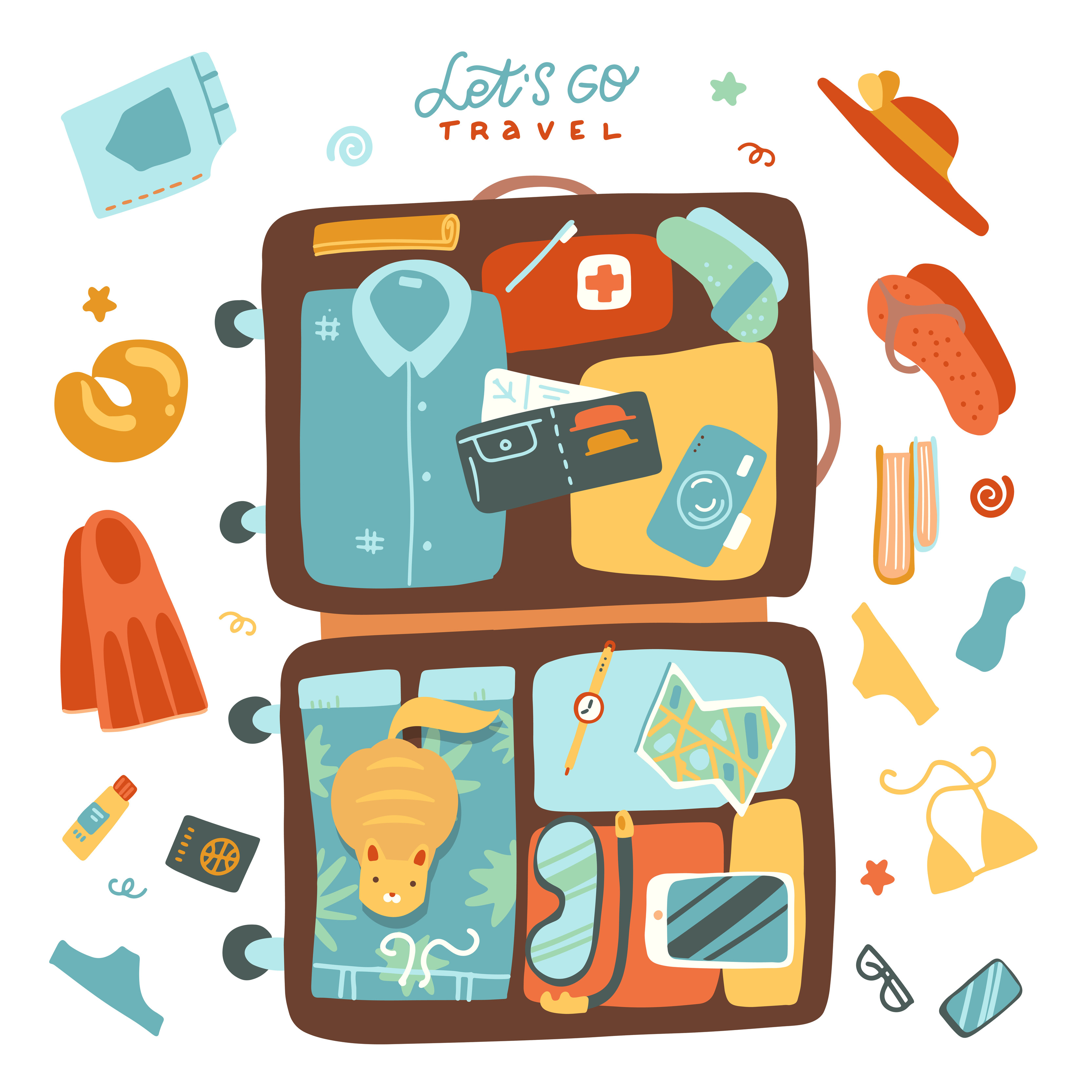 Packing beach stuff for travel to the sea or ocean. Big open suitcase with clothes, swimsuit, flip-flops, hat, glasses, camera and passport. Top view banner. Summer vacation vector flat illustration. 6030830 Vector Packing beach stuff for travel to the sea or ocean. Big open suitcase with clothes, swimsuit, flip-flops, hat, glasses, camera and passport. Top view banner. Summer vacation vector flat illustration. 6030830 Vector